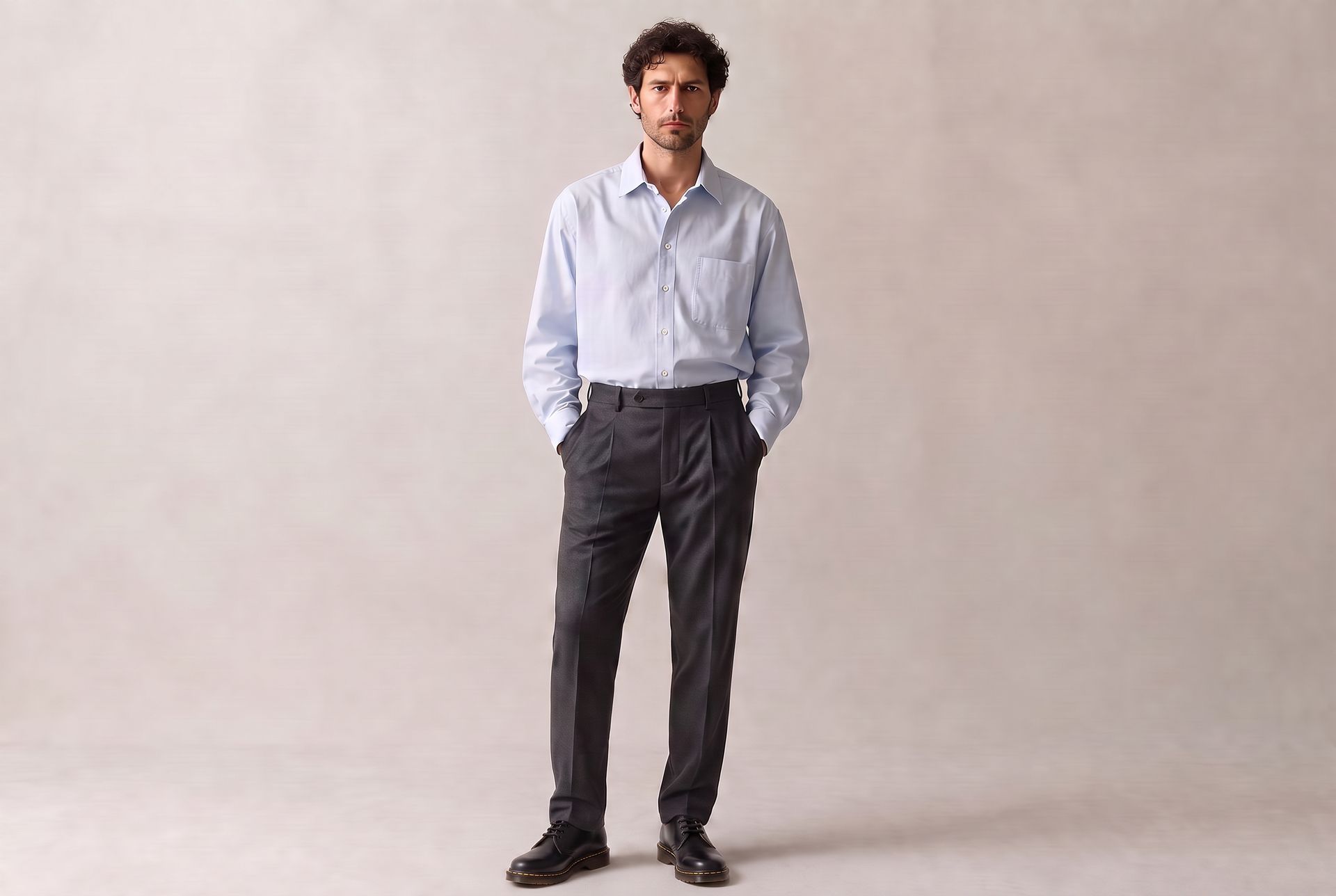 A man in relaxed tailoring, softly lit studio portrait